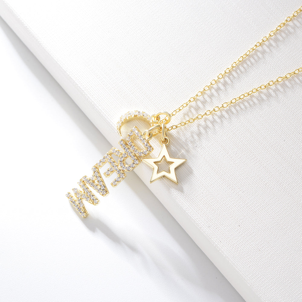 Elegant Gold Plated 925 Sterling Silver Zircon Moon Star Dream Charm Necklace