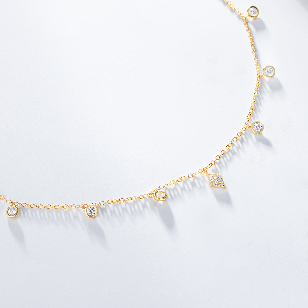Trendy 925 Sterling Silver Jewelry Choker Geometric Zircon Multi-Charms Necklace