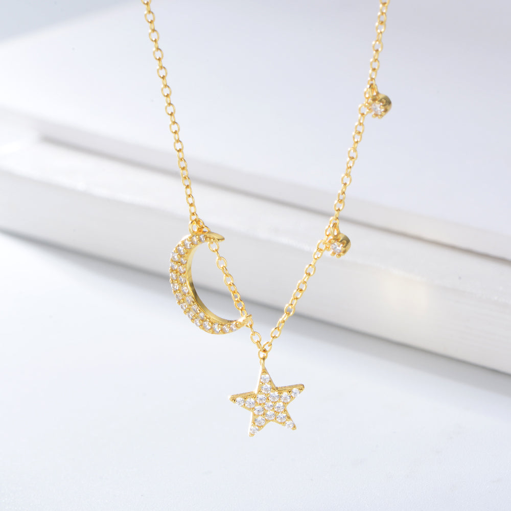 Romantic Moon Star Necklace 925 Sterling Silver Gold Plated Necklace