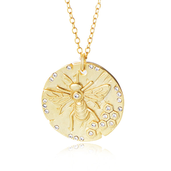 Medallion Round Gold Coin Bee Pendant Necklace