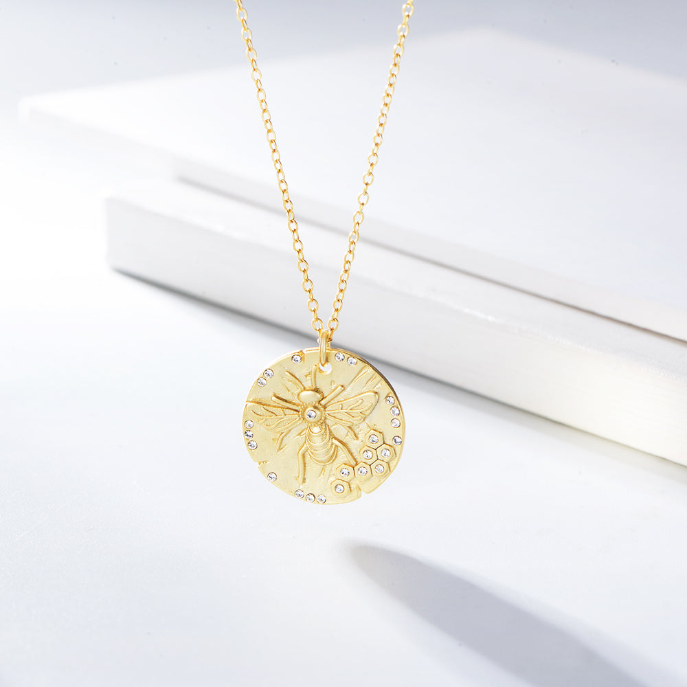 Medallion Round Gold Coin Bee Pendant Necklace