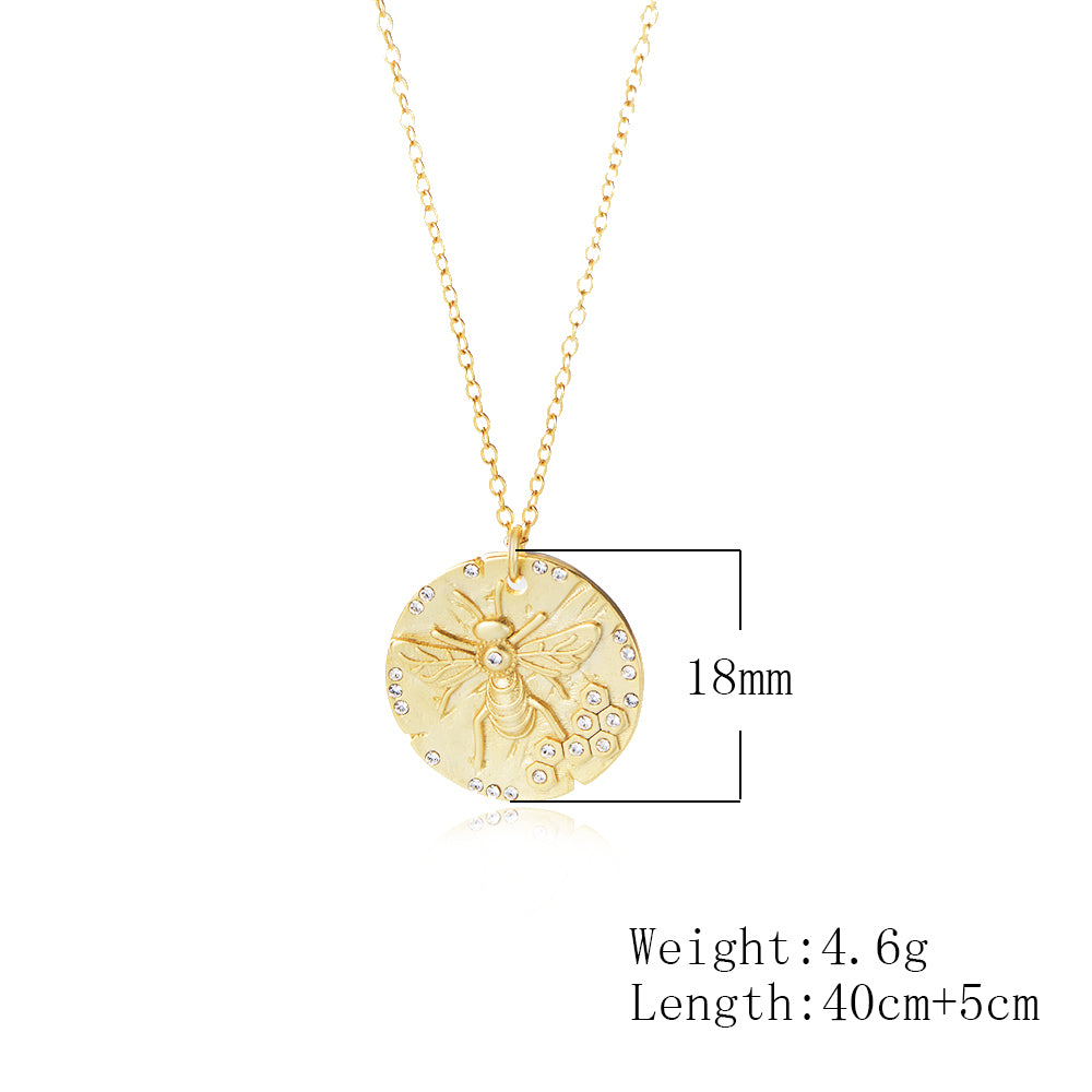 Medallion Round Gold Coin Bee Pendant Necklace