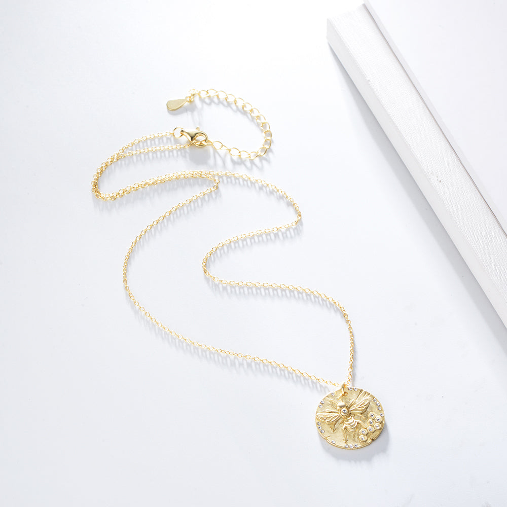 Medallion Round Gold Coin Bee Pendant Necklace