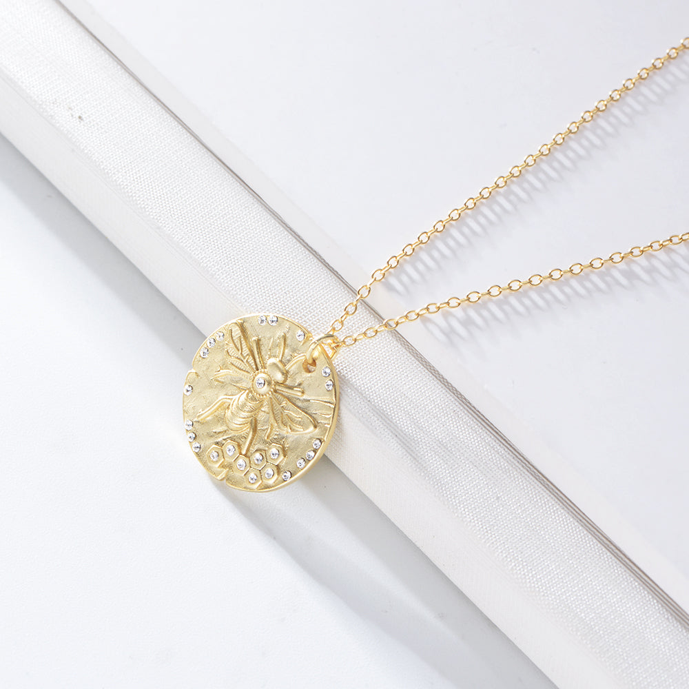 Medallion Round Gold Coin Bee Pendant Necklace