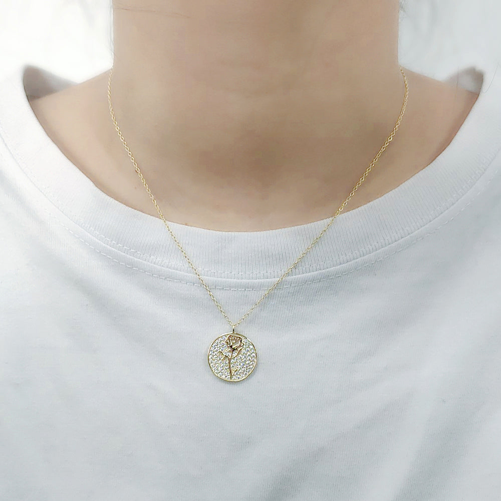 Elegant Pave Zircon Rose Flower Pendant Necklace