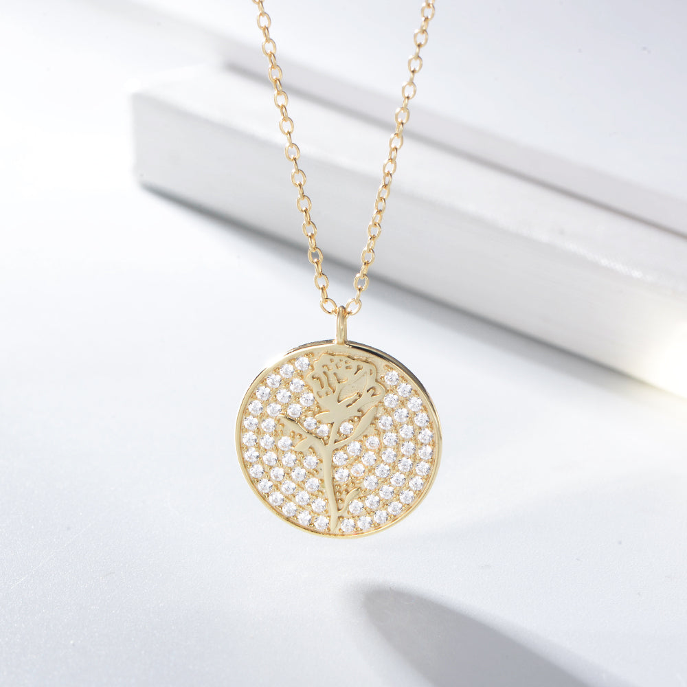 Elegant 925 Silver Pave Zircon Rose Flower Pendant Necklace