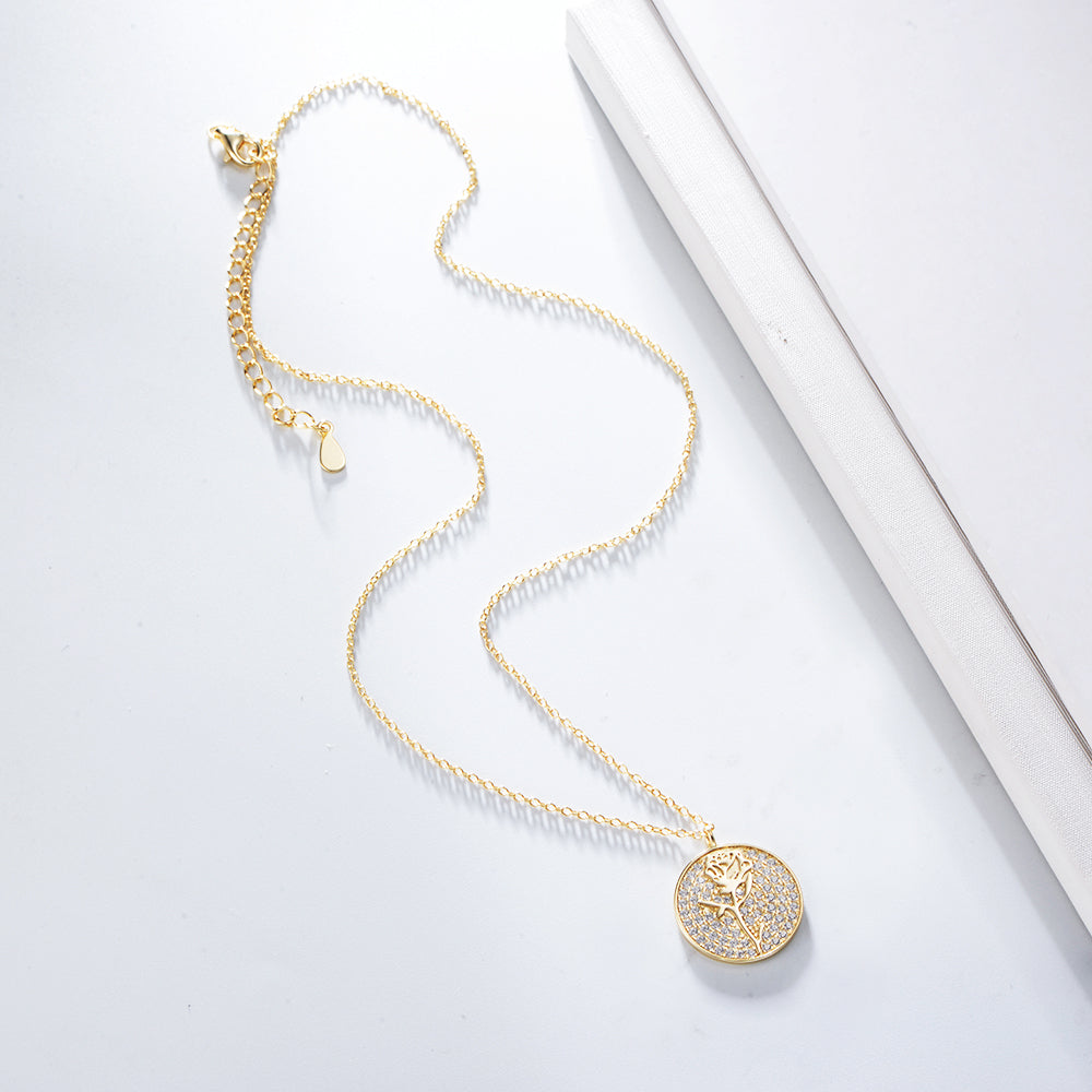 Elegant Pave Zircon Rose Flower Pendant Necklace