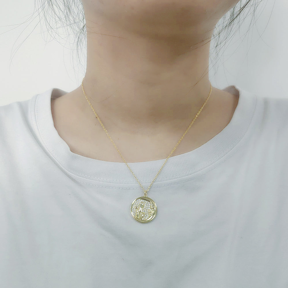 Animal Cat Engraved CZ Round Disc Pendant Necklace