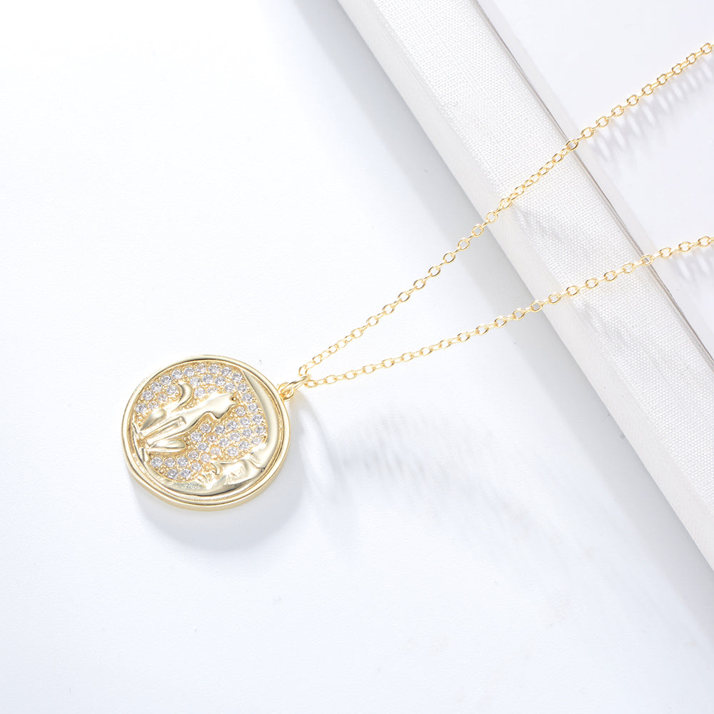 Animal Cat Engraved CZ Round Disc Pendant Necklace