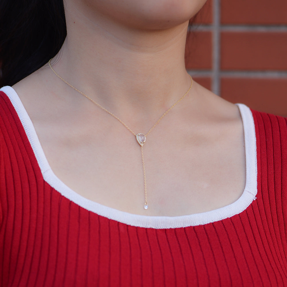 Tassel Women Chains Water Drop Rose Quartz Zircon Necklace Jewellery