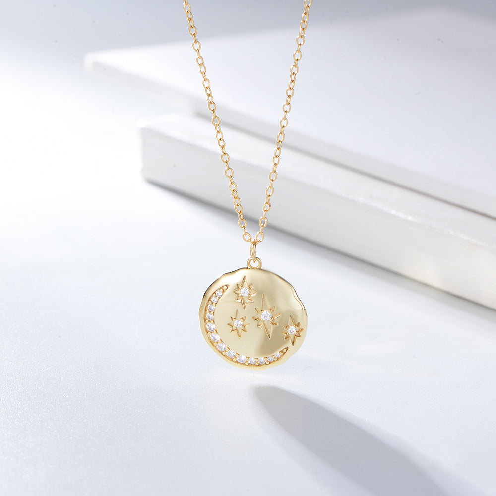 925 Silver Zircon Star Moon Coin Pendant Necklace Jewelry