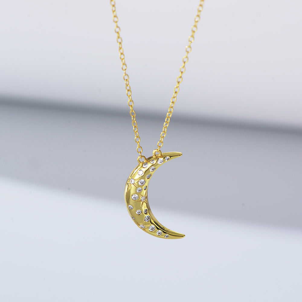 Setting Zircon Star Moon Pendant 14K 18K Gold Plated Sterling Silver S925 Necklace