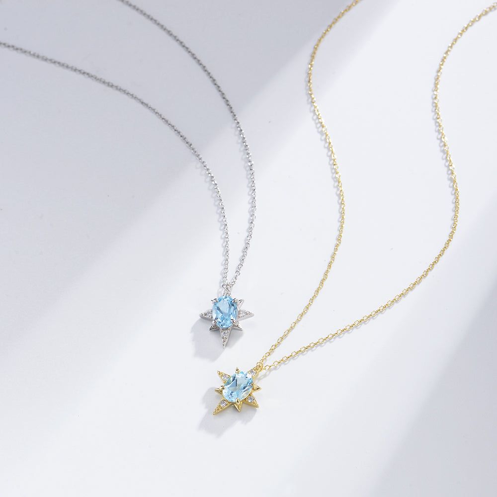Oval Sky Blue Topaz Gemstone Eight Pointed Star Sun  Necklace