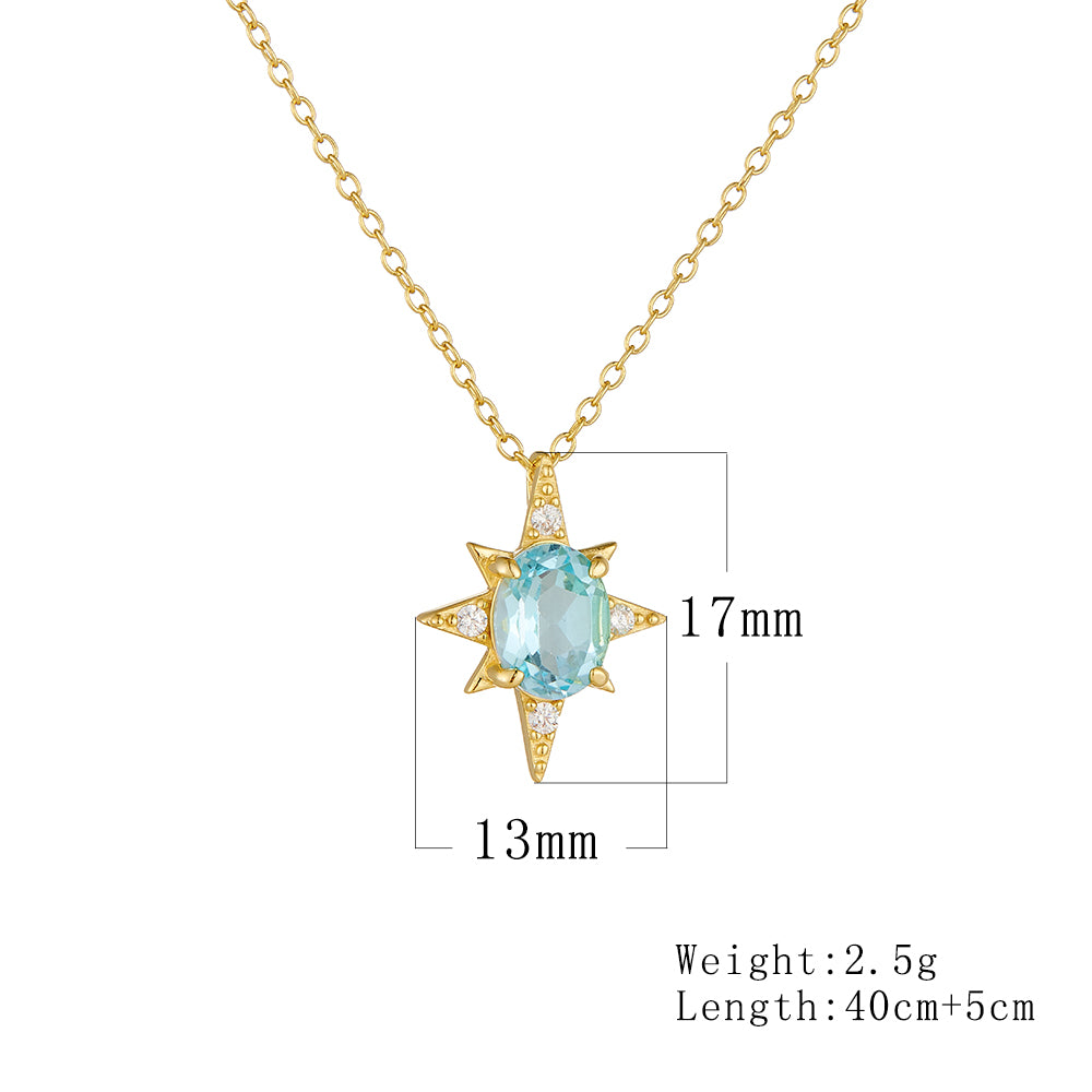 Oval Sky Blue Topaz Gemstone Eight Pointed Star Sun  Necklace