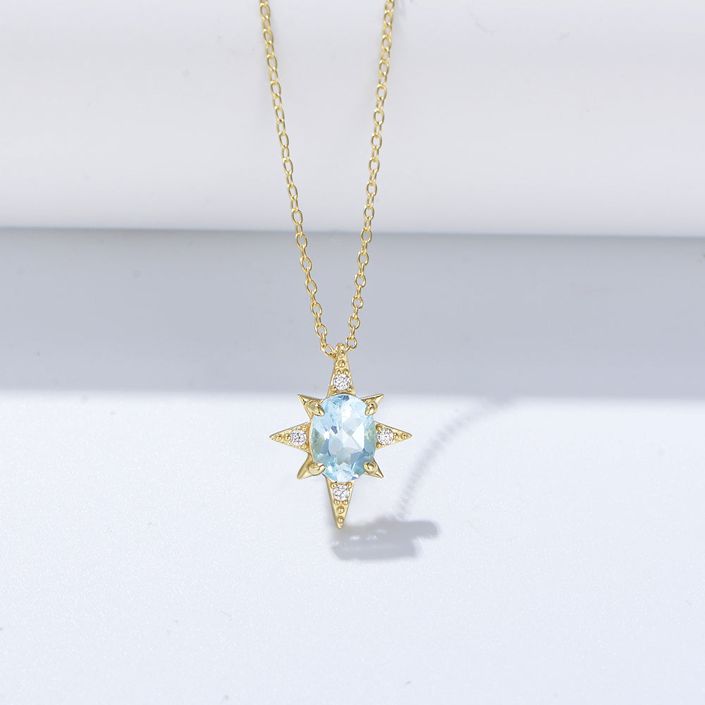 925 Sterling Silver Oval Sky Blue Topaz Gemstone Eight Pointed Star Sun  Necklace