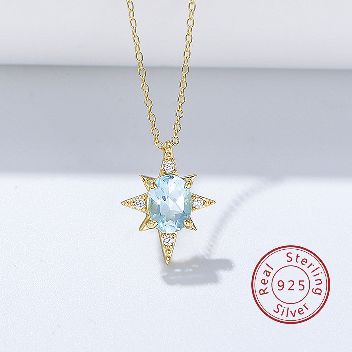 Oval Sky Blue Topaz Gemstone Eight Pointed Star Sun  Necklace