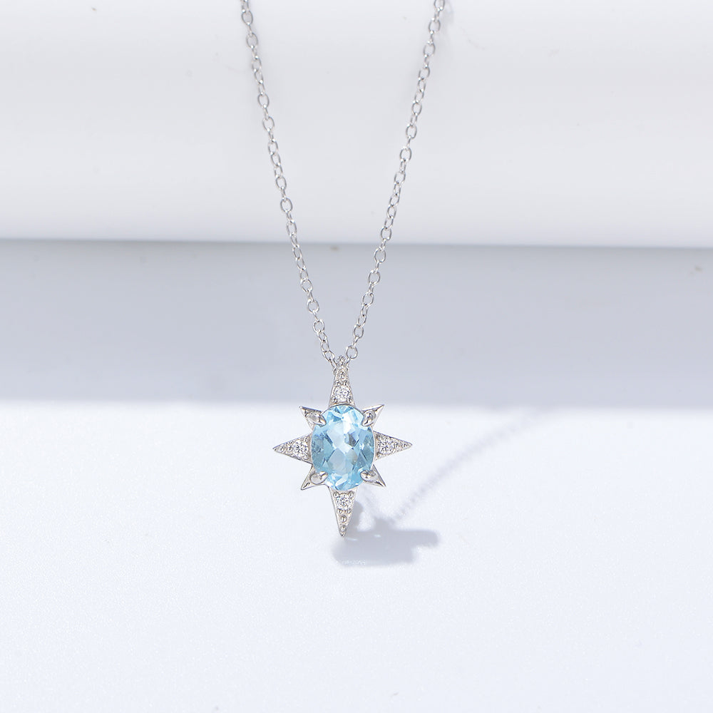 Oval Sky Blue Topaz Gemstone Eight Pointed Star Sun  Necklace