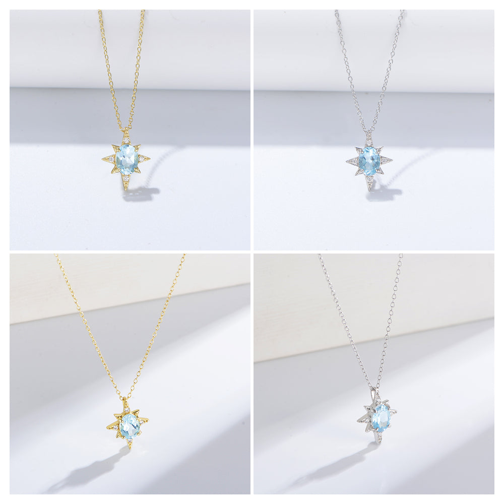 Oval Sky Blue Topaz Gemstone Eight Pointed Star Sun  Necklace