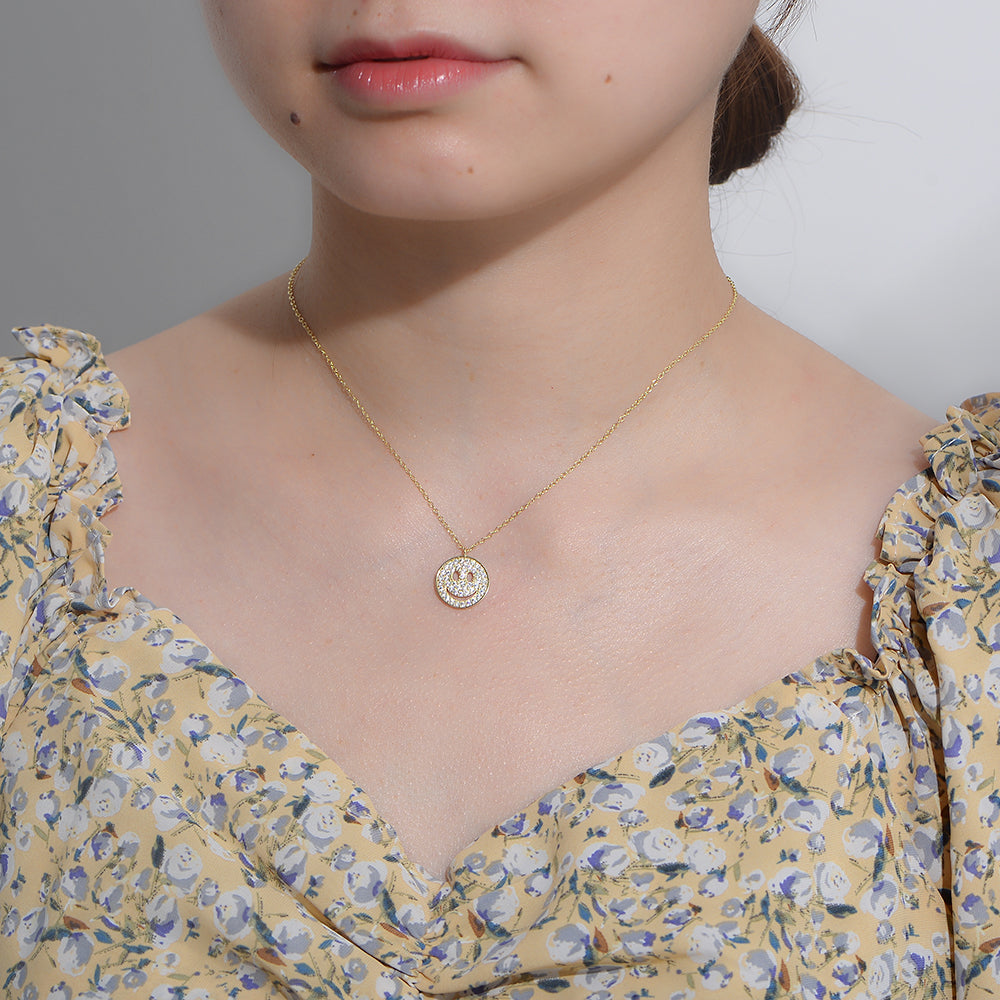 Hip Hop Ice Out Smile Face Pendant Jewelry Zircon Coin Smiley  Necklace