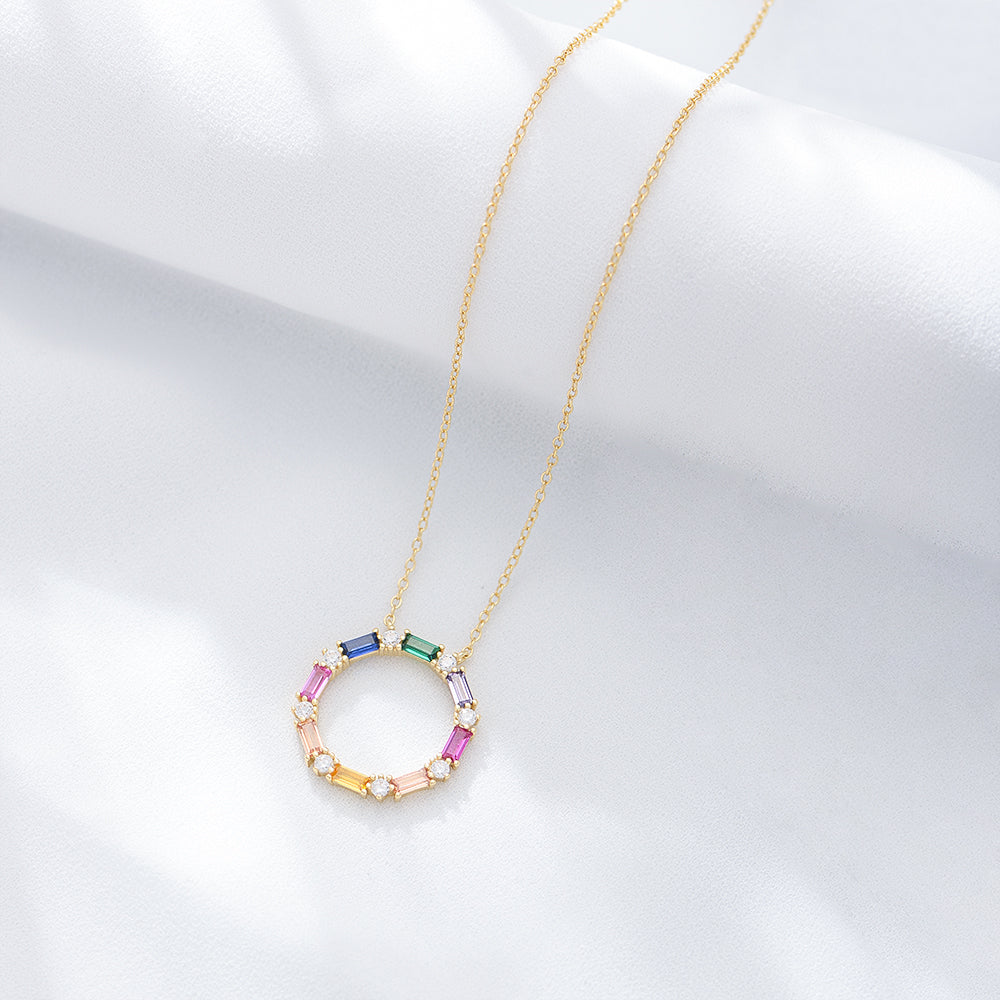 Fashion  Rainbow Zircon Round Circle Pendant Necklace