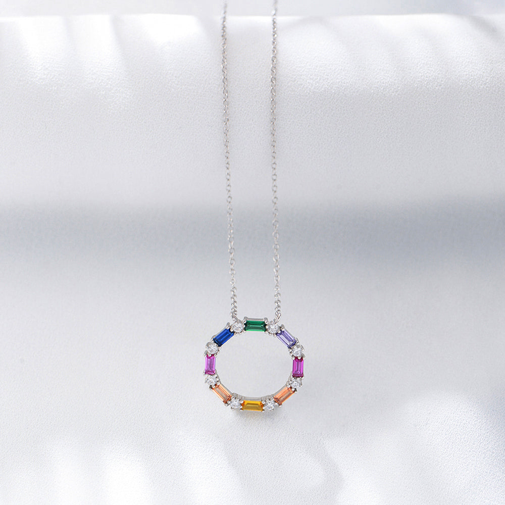 Fashion  Rainbow Zircon Round Circle Pendant Necklace