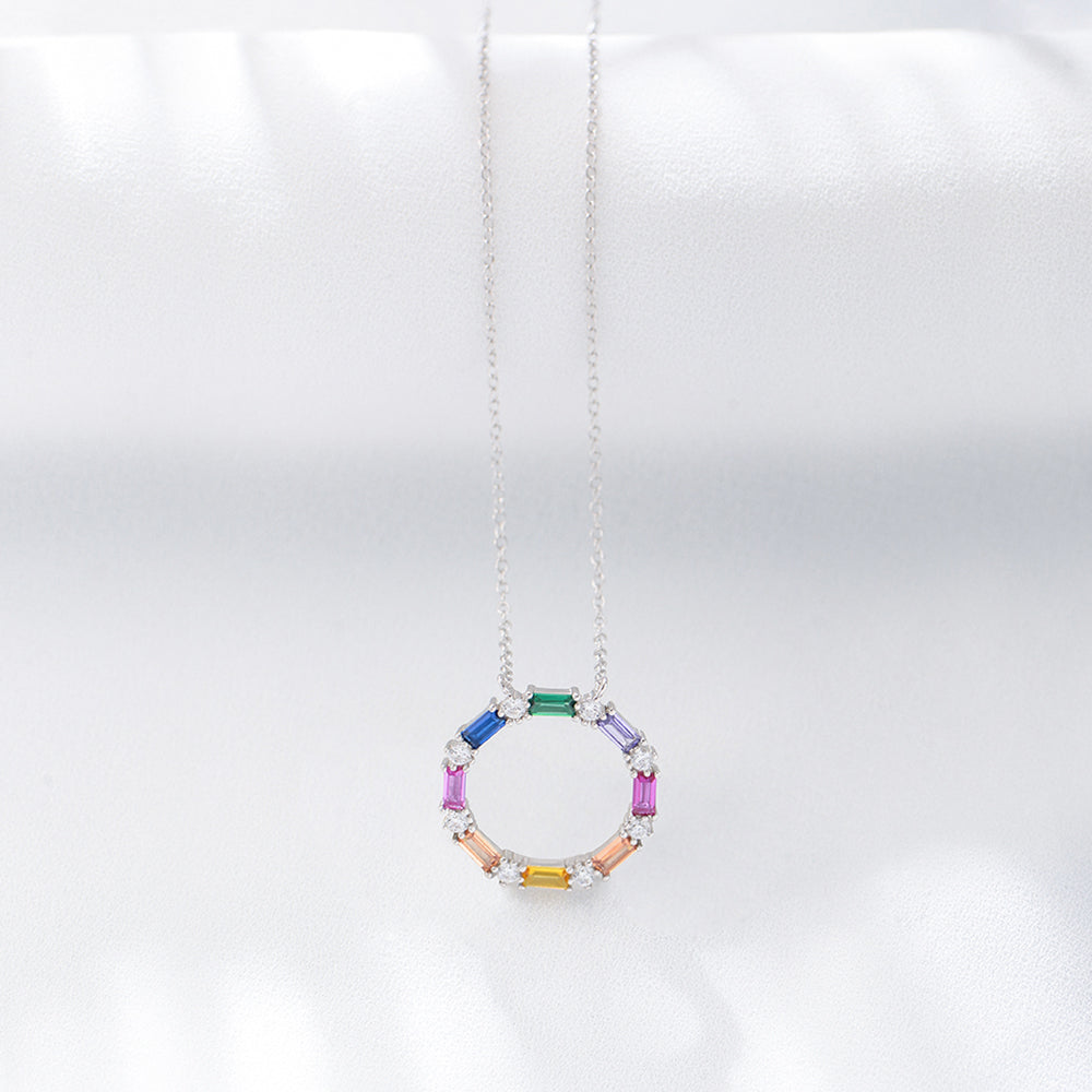 Fashion  Rainbow Zircon Round Circle Pendant Necklace