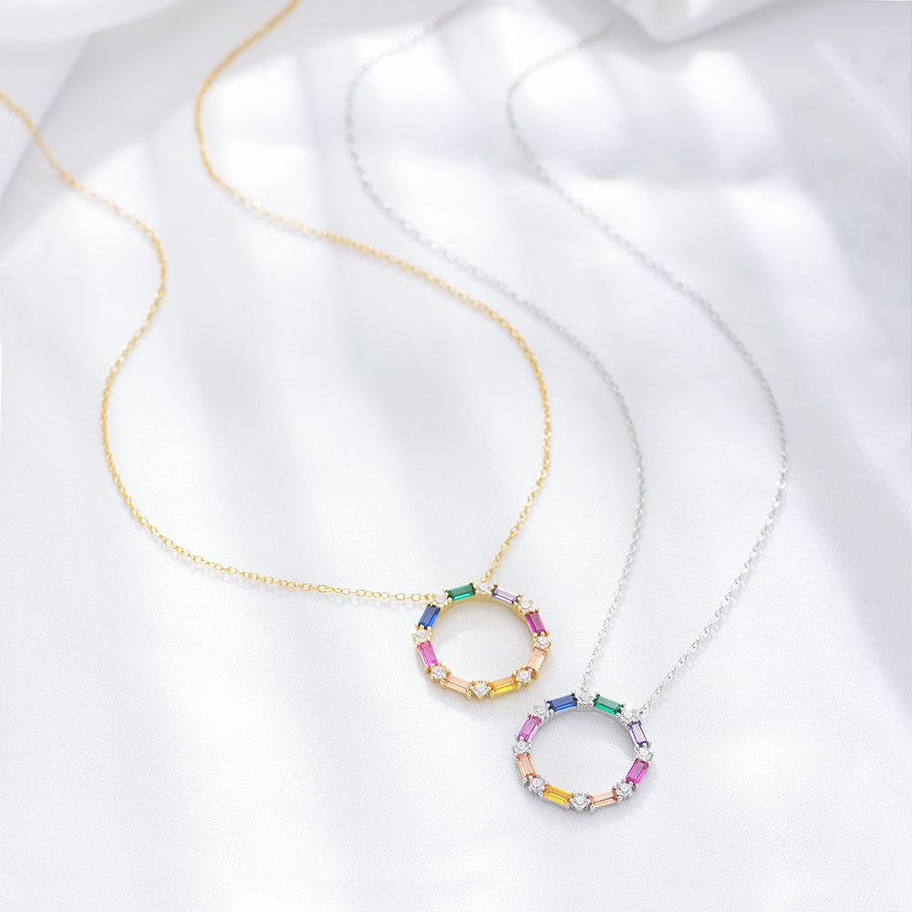 Fashion  Rainbow Zircon Round Circle Pendant Necklace