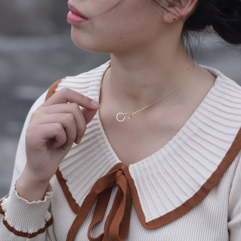 Pave Setting Zircon Gold Plated Round Two Circles Couple Necklace