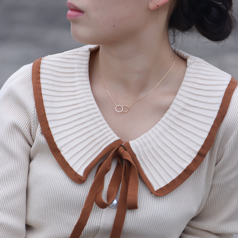 Pave Setting Zircon Gold Plated Round Two Circles Couple Necklace