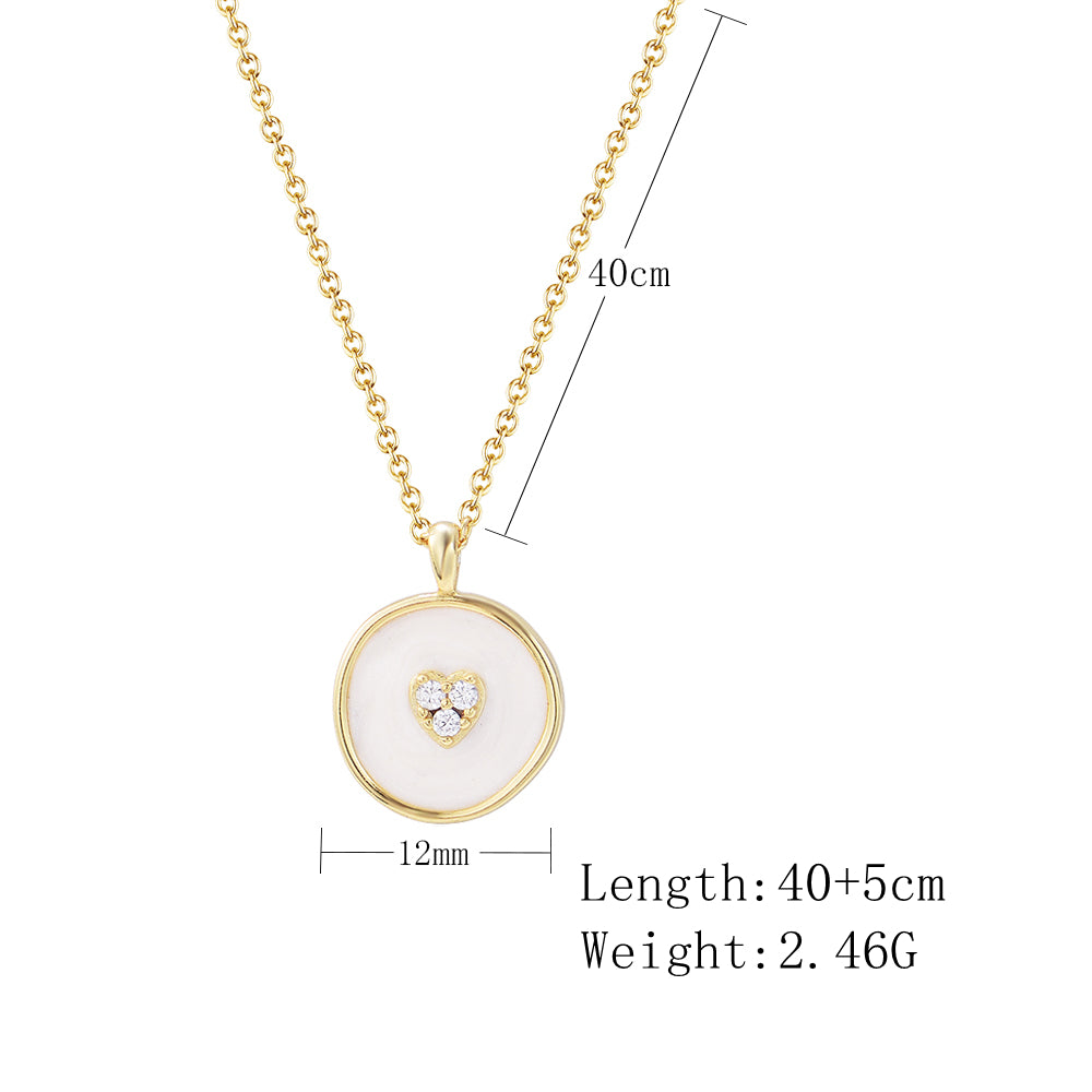 White Enamel Heart-Shaped Cubic Zirconia Round Pendant Necklace