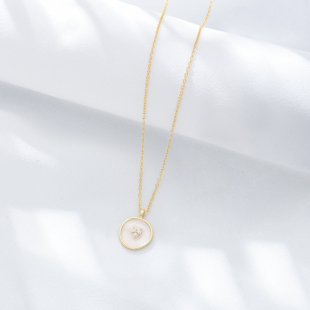White Enamel Heart-Shaped Cubic Zirconia Round Pendant Necklace