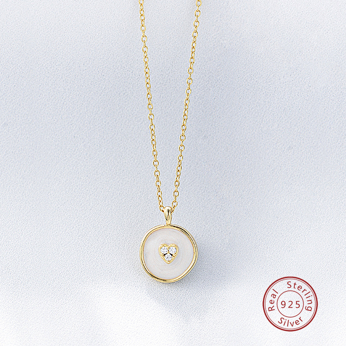 White Enamel Heart-Shaped Cubic Zirconia Round Pendant Necklace