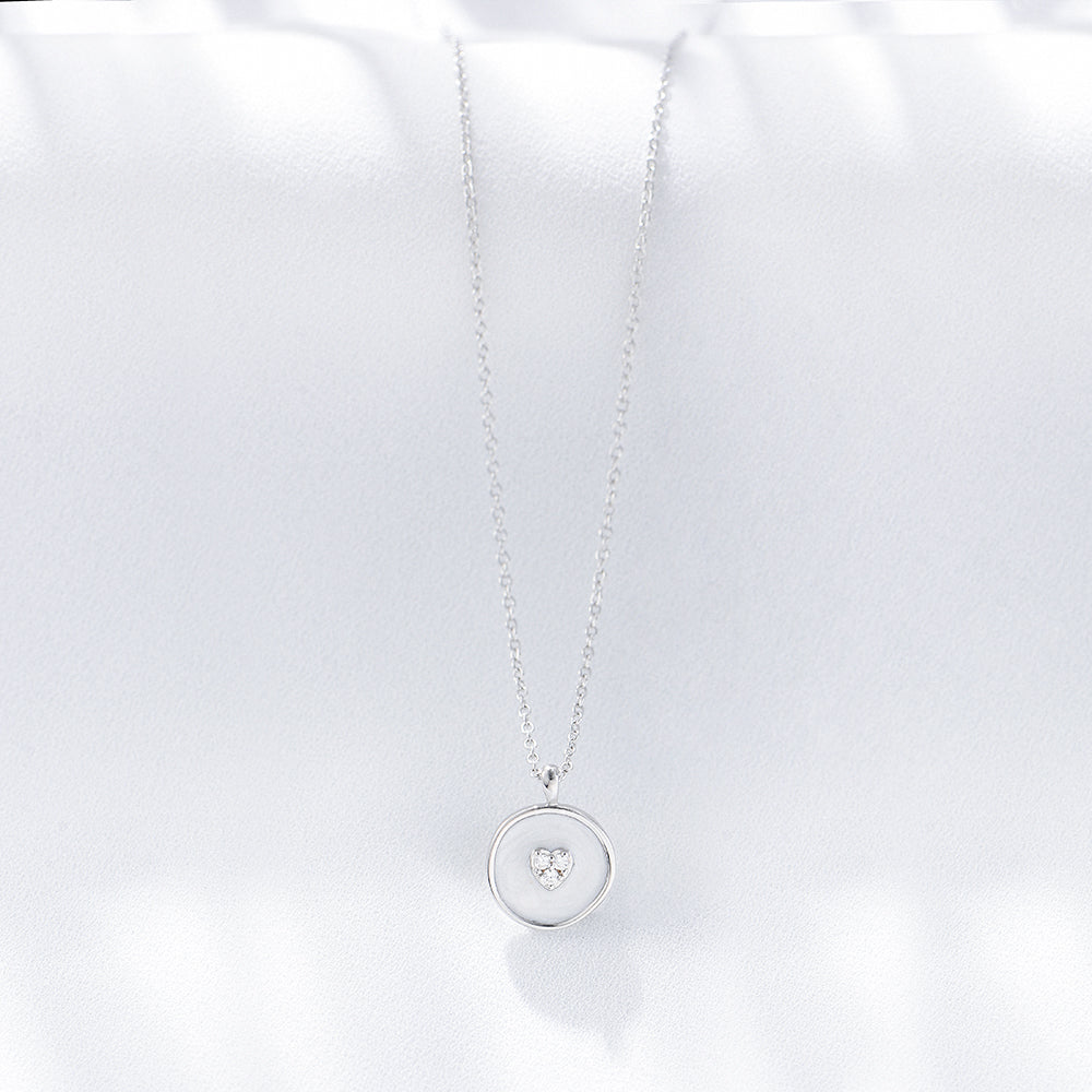 White Enamel Heart-Shaped Cubic Zirconia Round Pendant Necklace