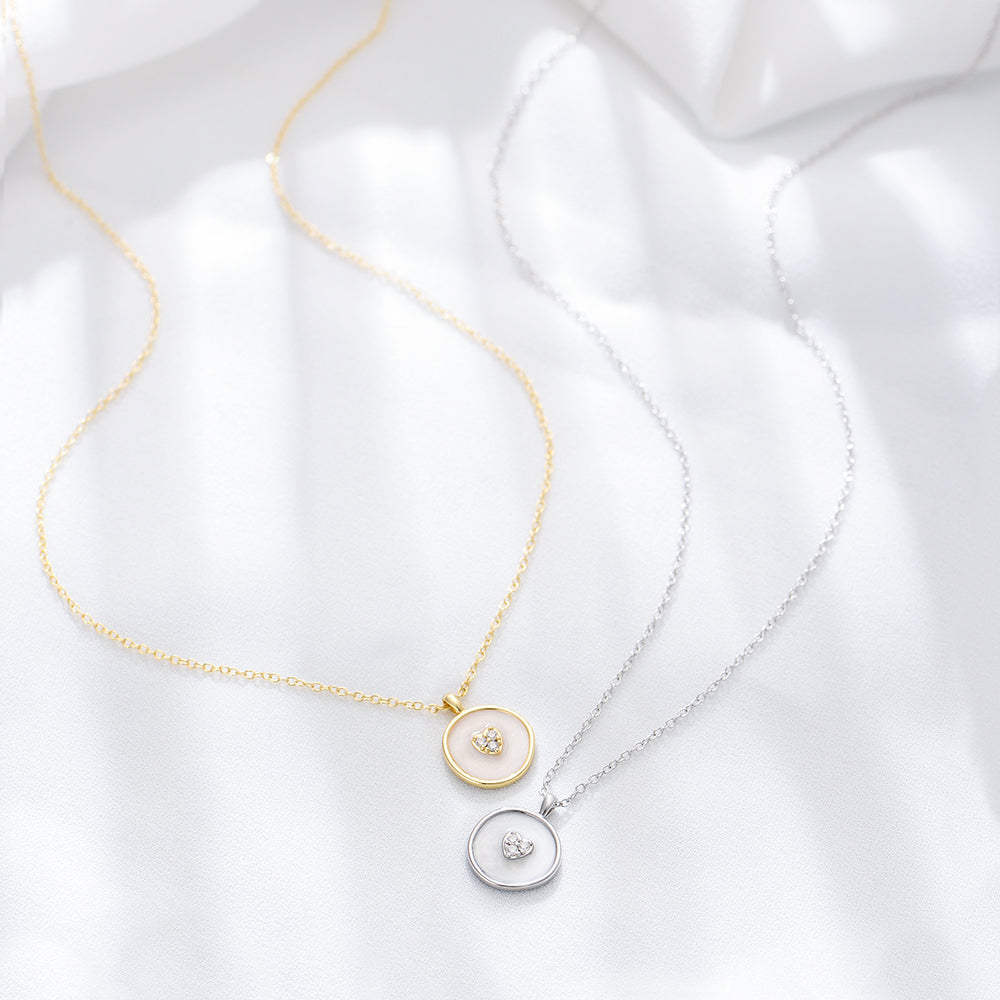 White Enamel Heart-Shaped Cubic Zirconia Round Pendant Necklace