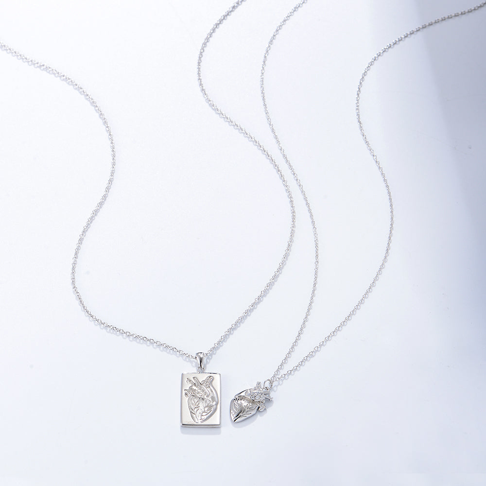 Personalize Couple Heart Rectangle Pendant Necklace 925 Sterling Silver Necklace
