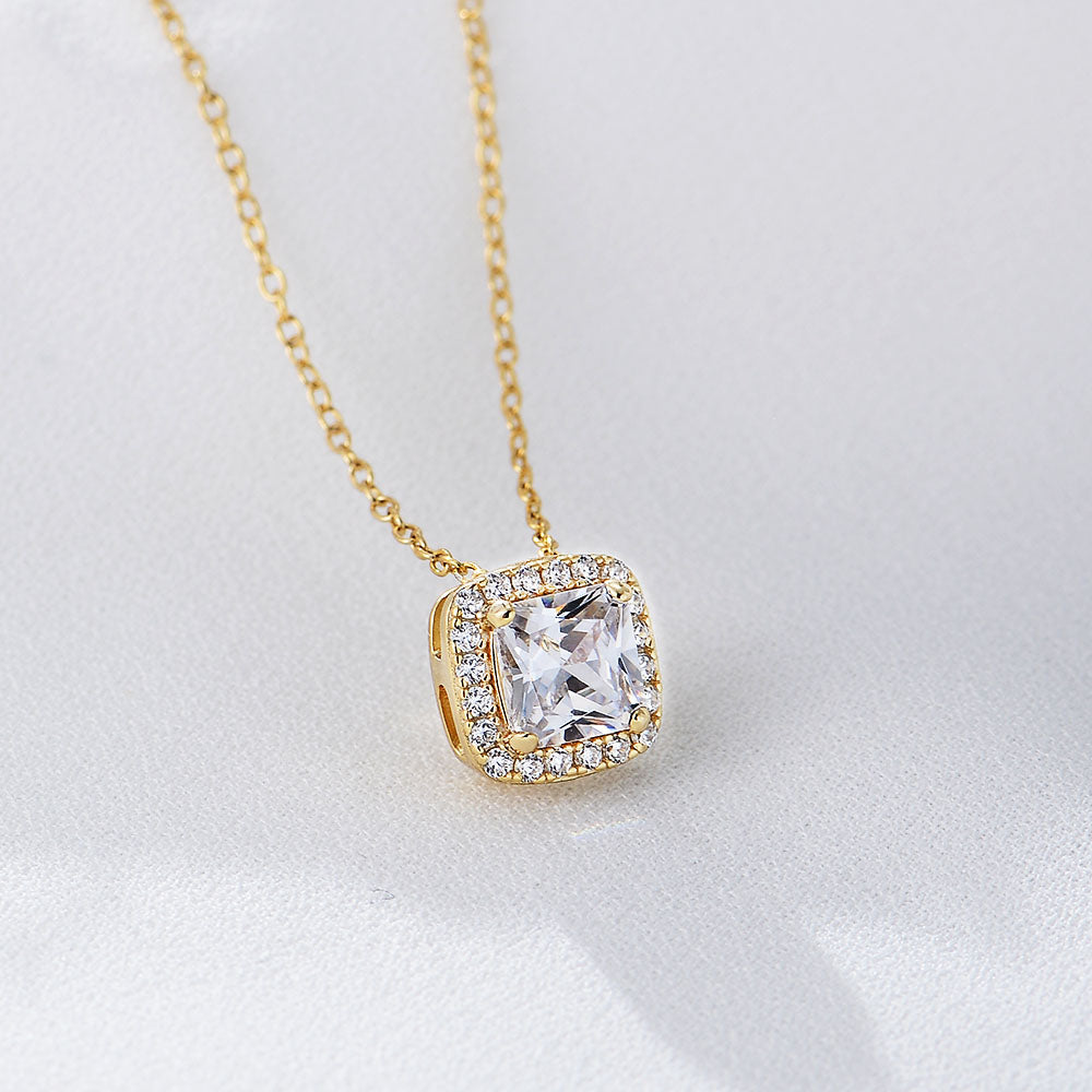 925 Sterling Silver Gold Plated Square Zircon Diamond Pendant Necklace