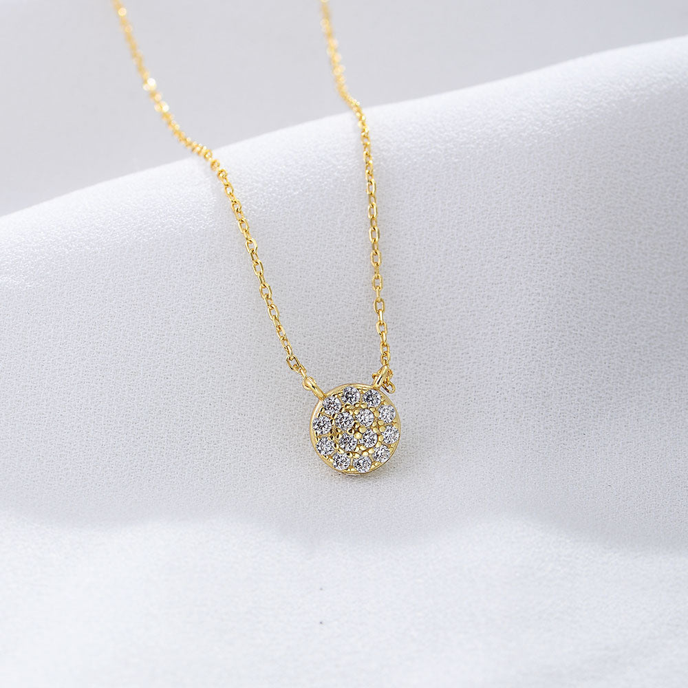 Pave Zircon Diamond Round Disc Pendant Necklace