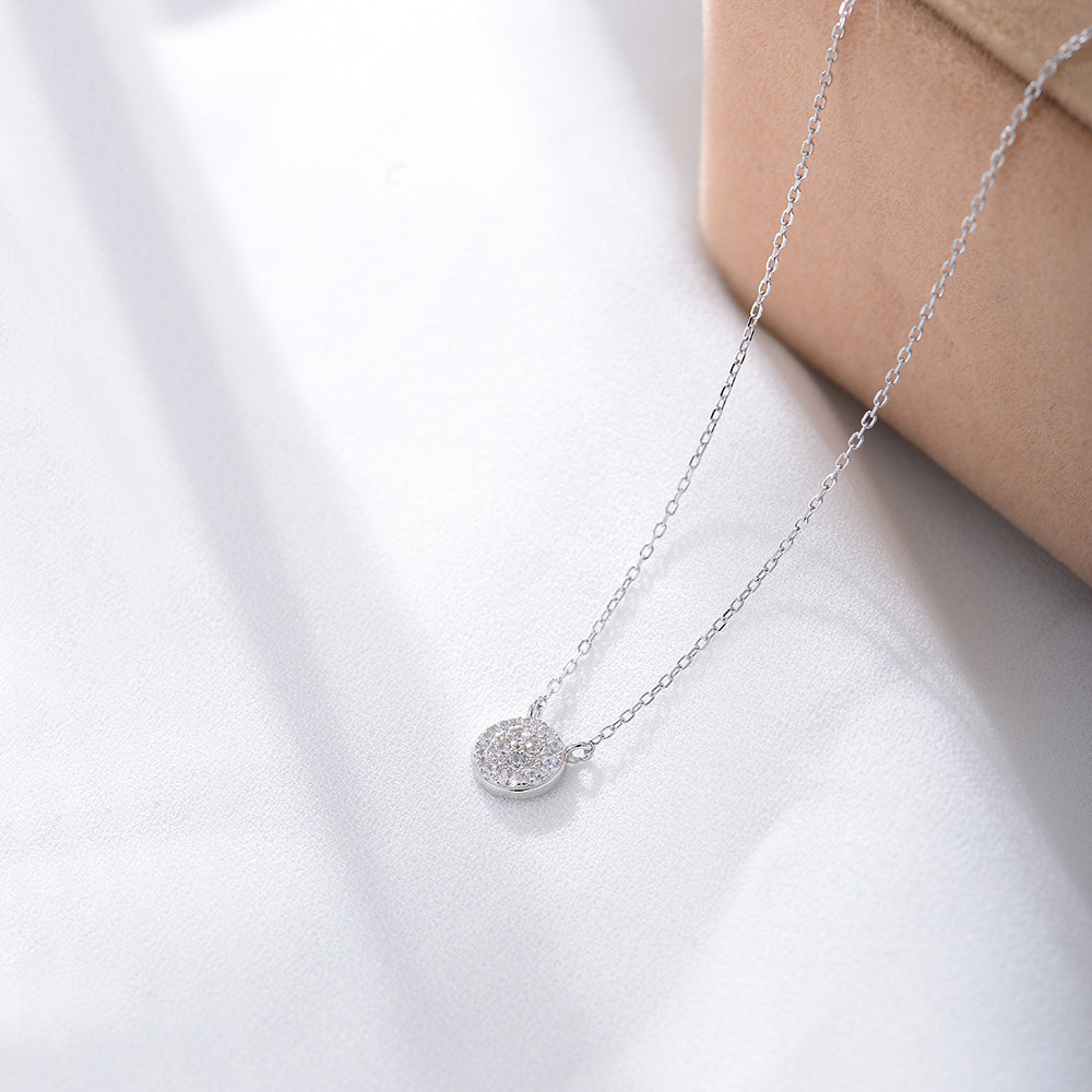 Pave Zircon Diamond Round Disc Pendant Necklace