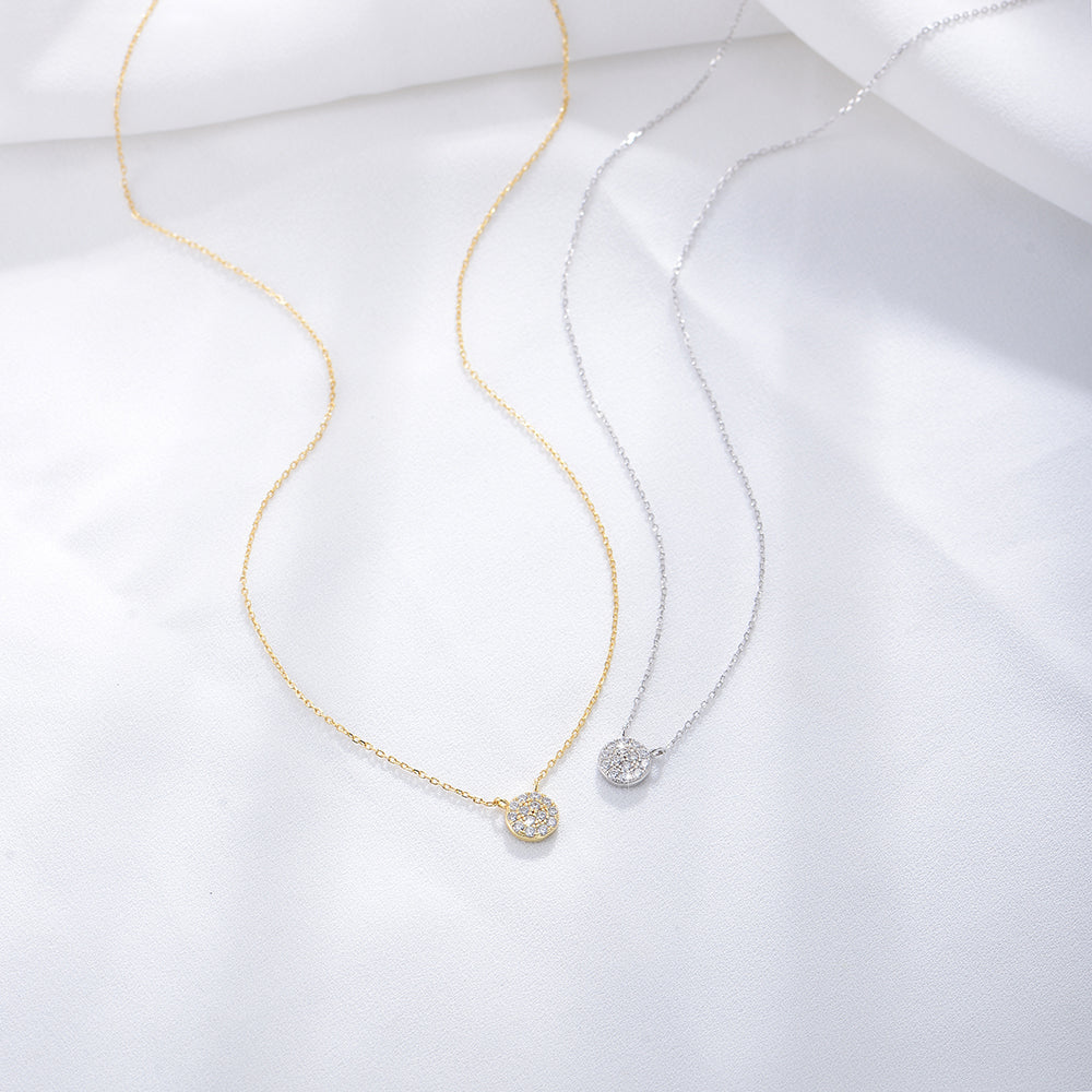 Pave Zircon Diamond Round Disc Pendant Necklace