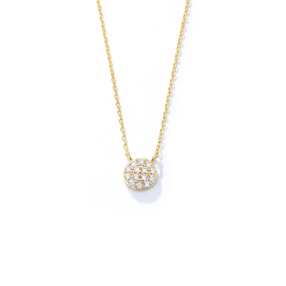 Gold Plated Pave Zircon Diamond 925 Silver Round Disc Pendant Necklace