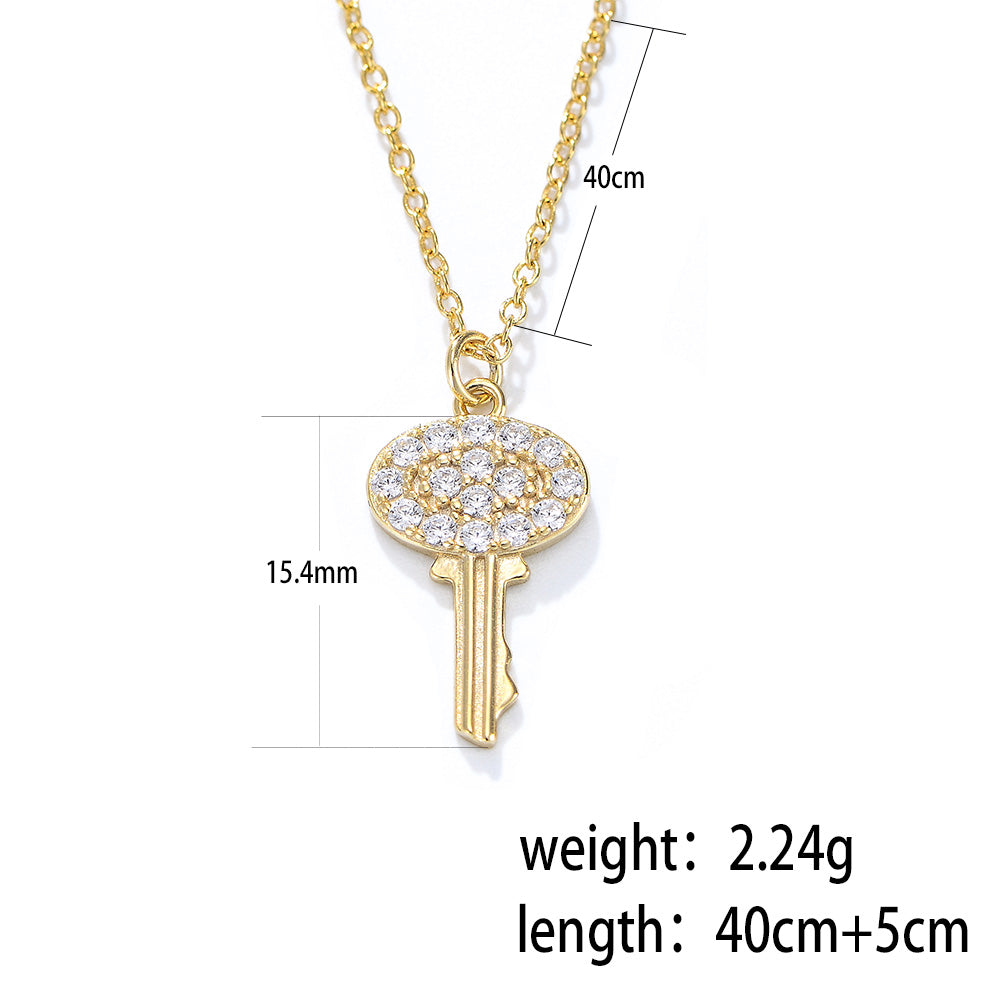 Trendy Luxury 925 Silver 14K 18K Gold Plated Bling Cubic Zirconia Key Pendant Necklace