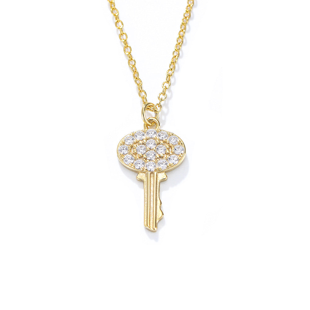 Trendy Luxury 925 Silver 14K 18K Gold Plated Bling Cubic Zirconia Key Pendant Necklace