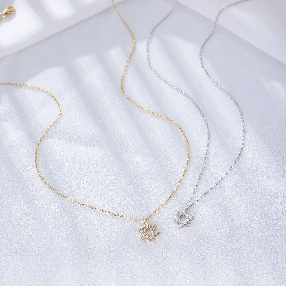 Trendy Pave Zircon Rhodium Plated Hexagonal Star Necklace