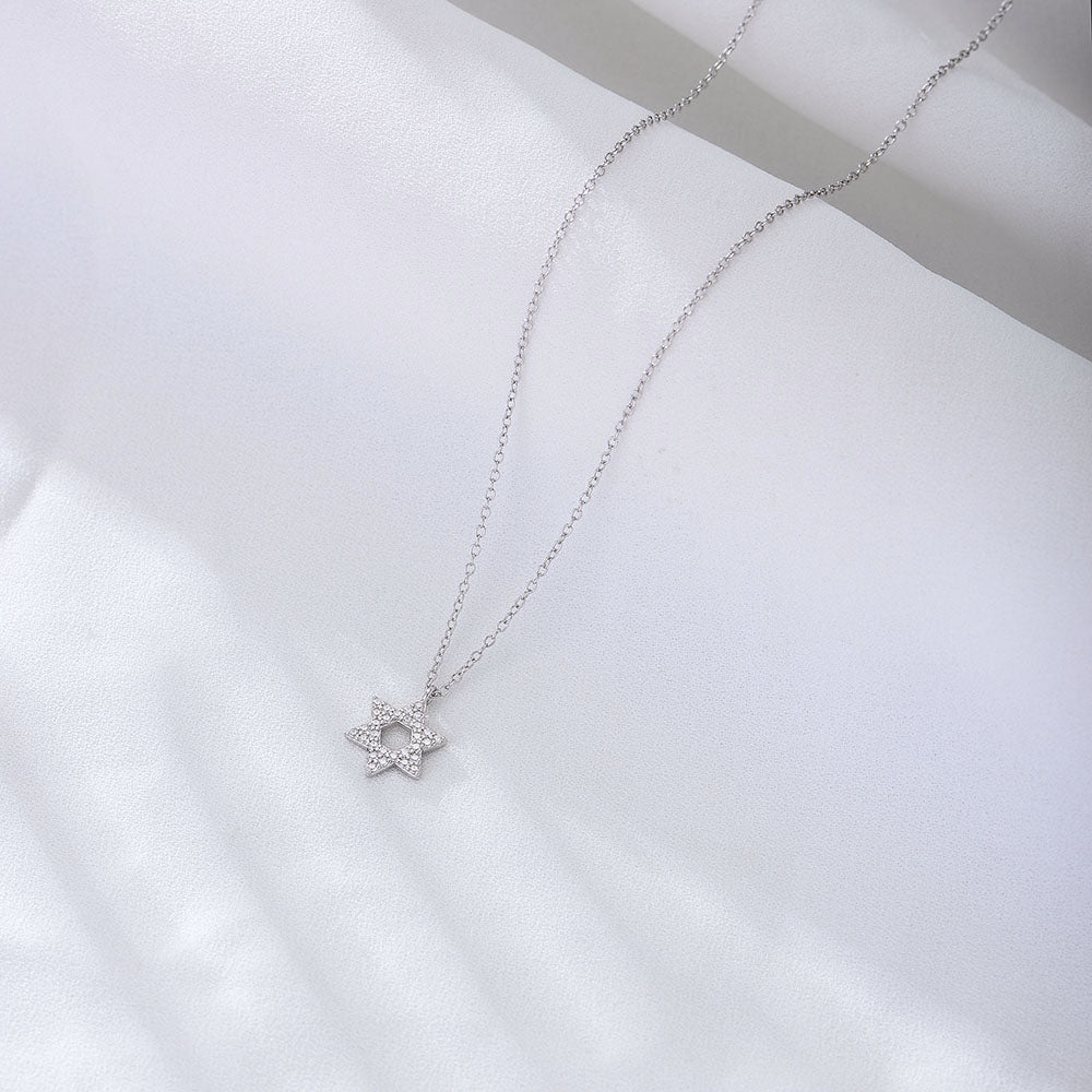 Trendy Pave Zircon Rhodium Plated Hexagonal Star Necklace