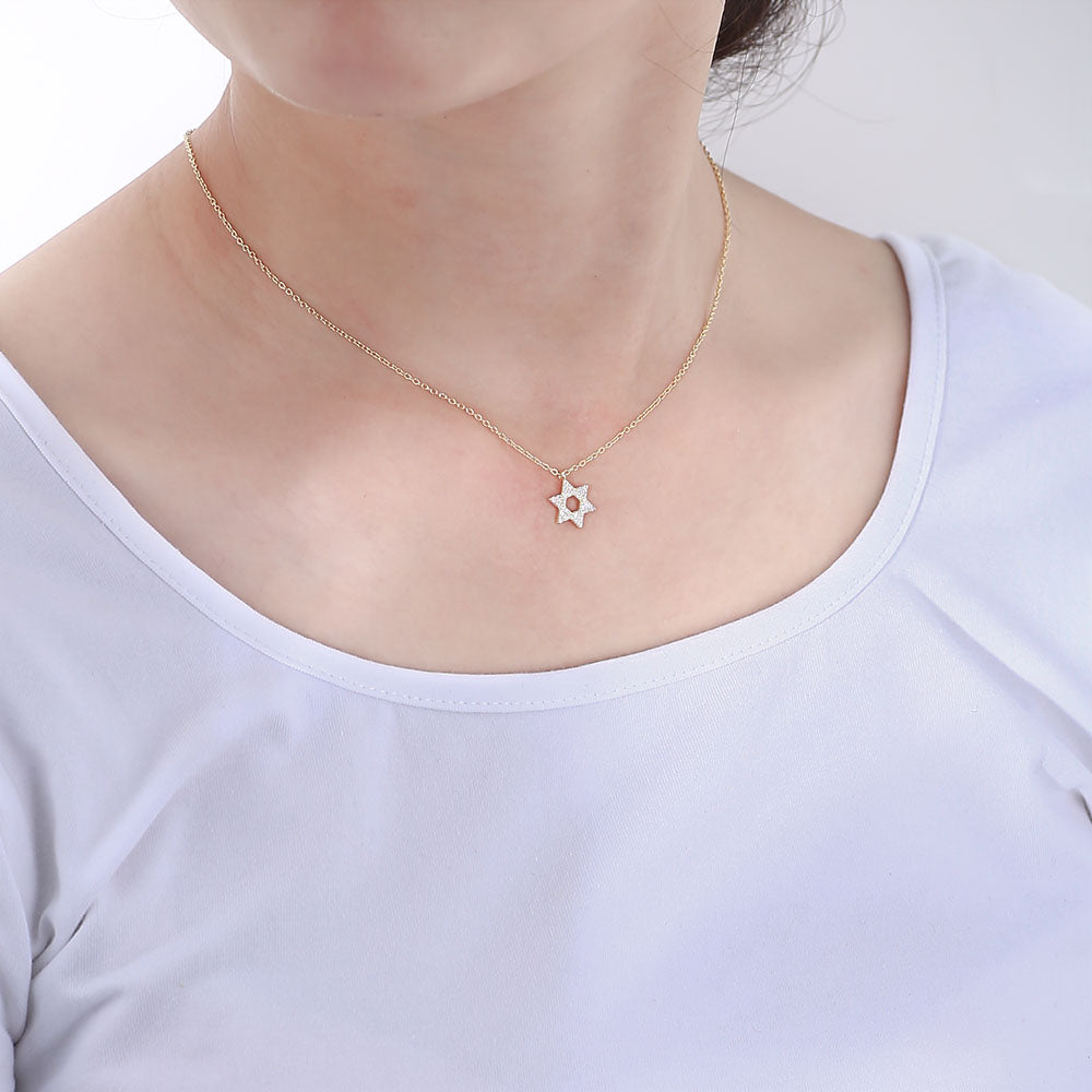 Trendy Pave Zircon Rhodium Plated Hexagonal Star Necklace