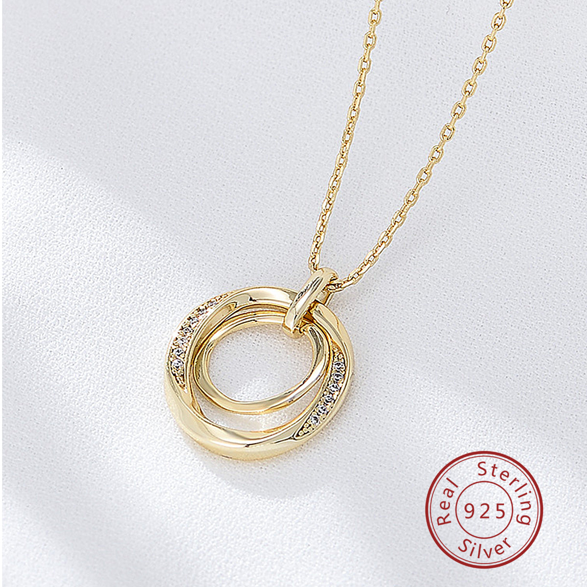 Fashion Designs Wave Pave CZ Couple Double Circles Pendant Necklace