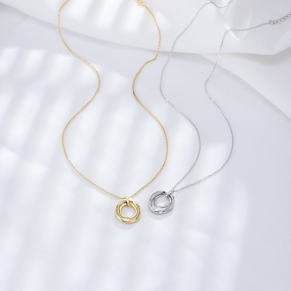 Fashion Designs Wave Pave CZ Couple Double Circles Pendant Necklace