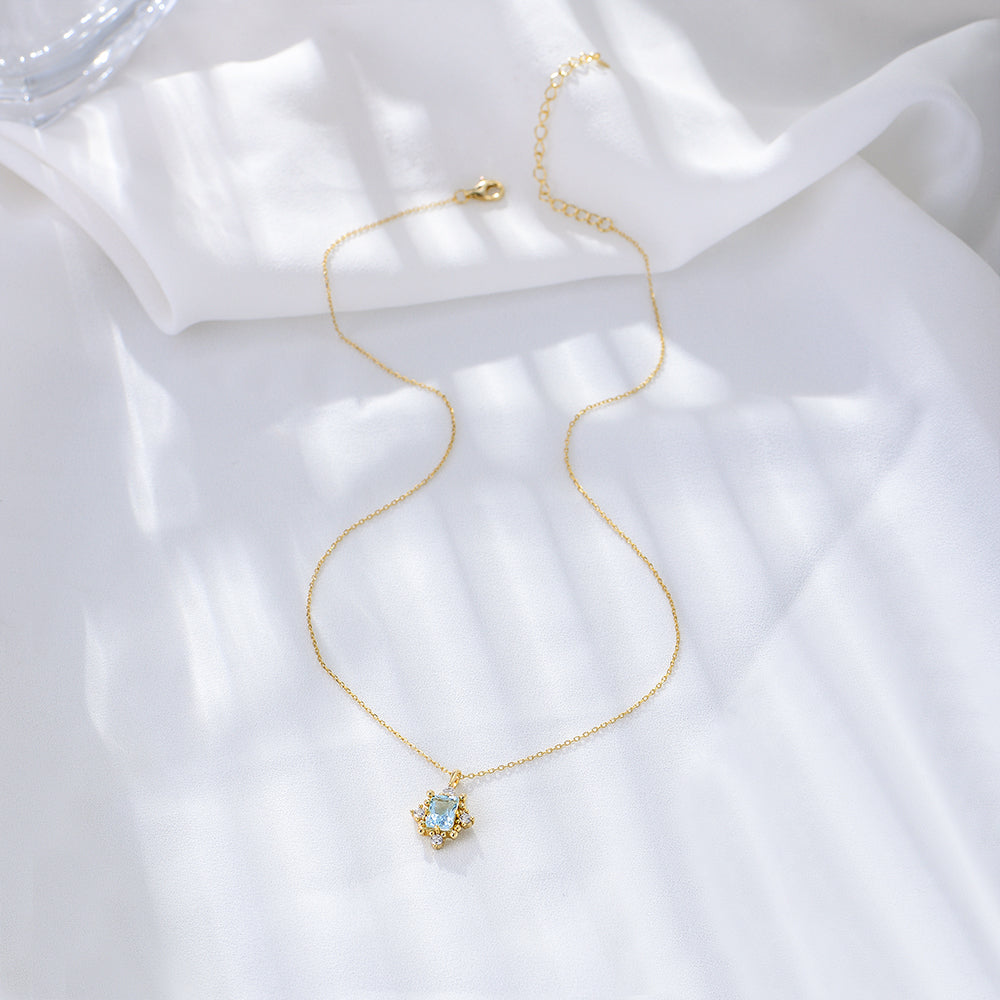 Emerald Cut Sky Blue Topaz Match White Cubic Zirconia Engagement Wedding Pendant Necklace