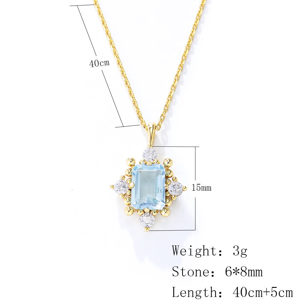 Emerald Cut Sky Blue Topaz Match White Cubic Zirconia Engagement Wedding Pendant Necklace
