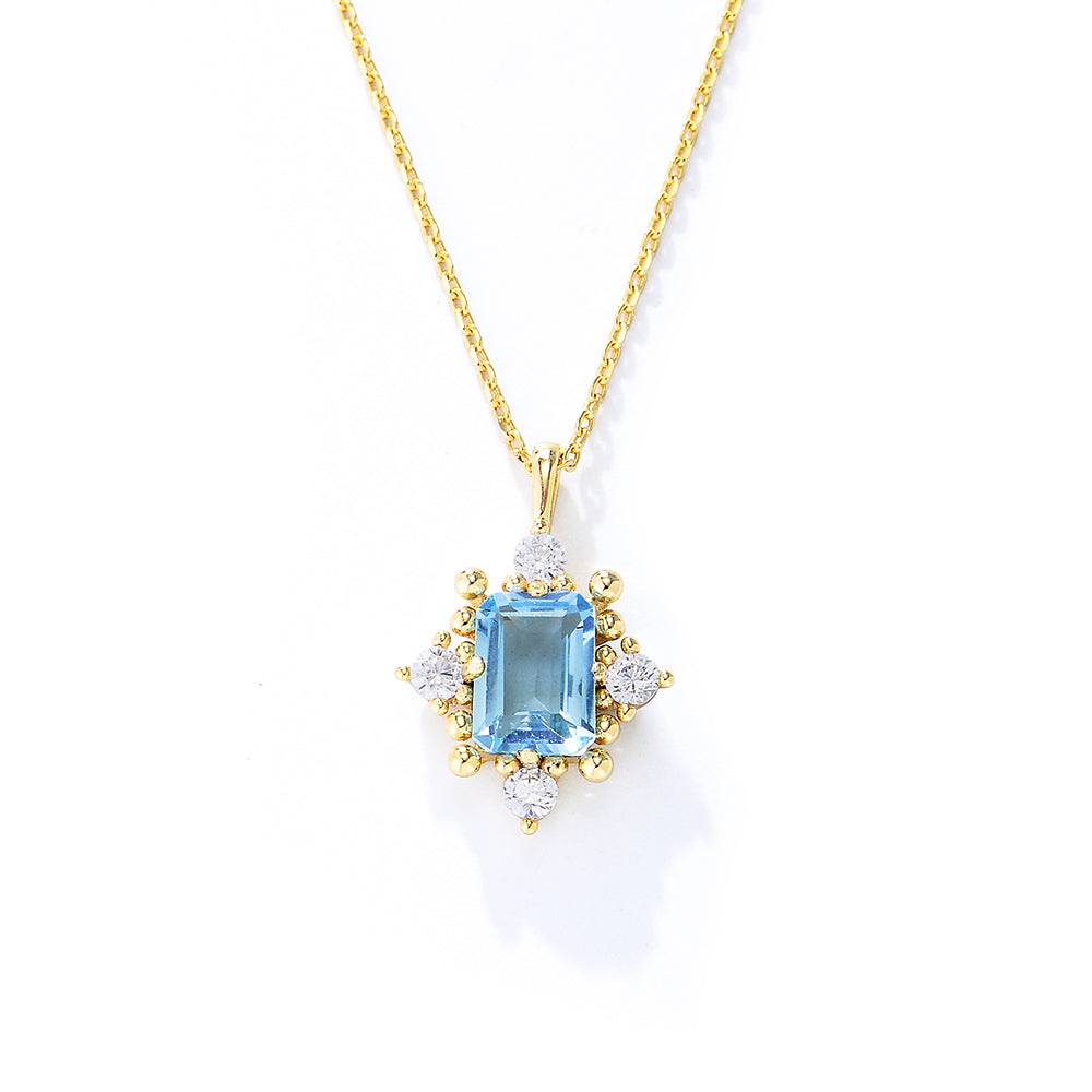 Emerald Cut Sky Blue Topaz Match White Cubic Zirconia 925 Sterling Silver Engagement Wedding Pendant Necklace